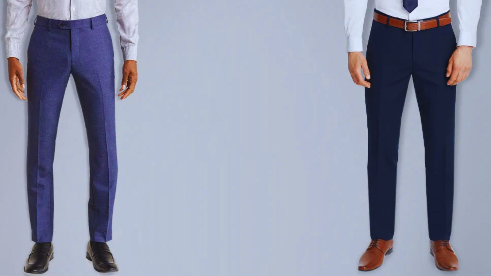 Two men dressed in blue and white dress pants, standing side by side in a casual setting.