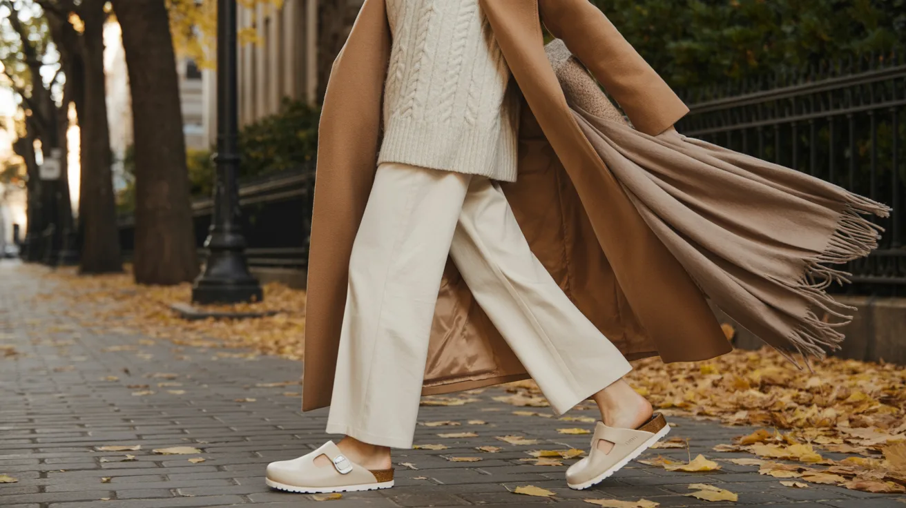 A woman in a coat and white pants walking confidently down a city street.