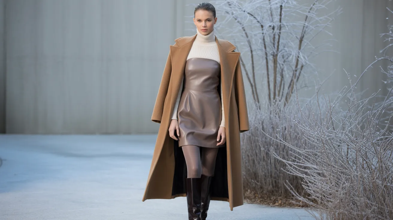 A model wearing a brown coat over a stylish leather dress, posing confidently against a neutral background.
