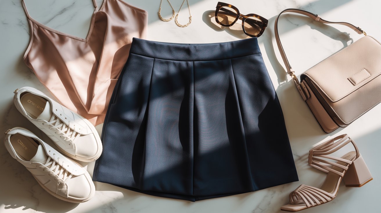 A stylish skirt, matching purse, shoes, and sunglasses arranged on a polished marble surface.