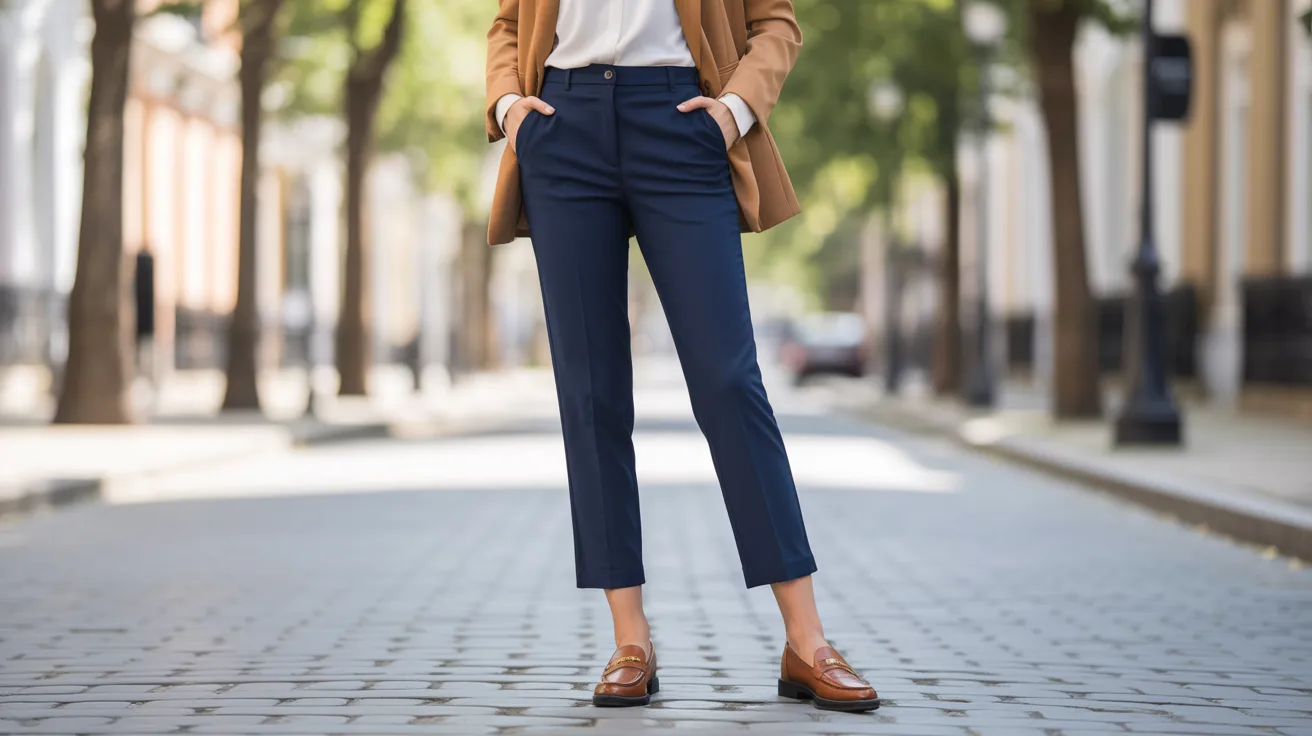  A woman dressed in blue pants and a blazer stands confidently, showcasing a professional appearance.