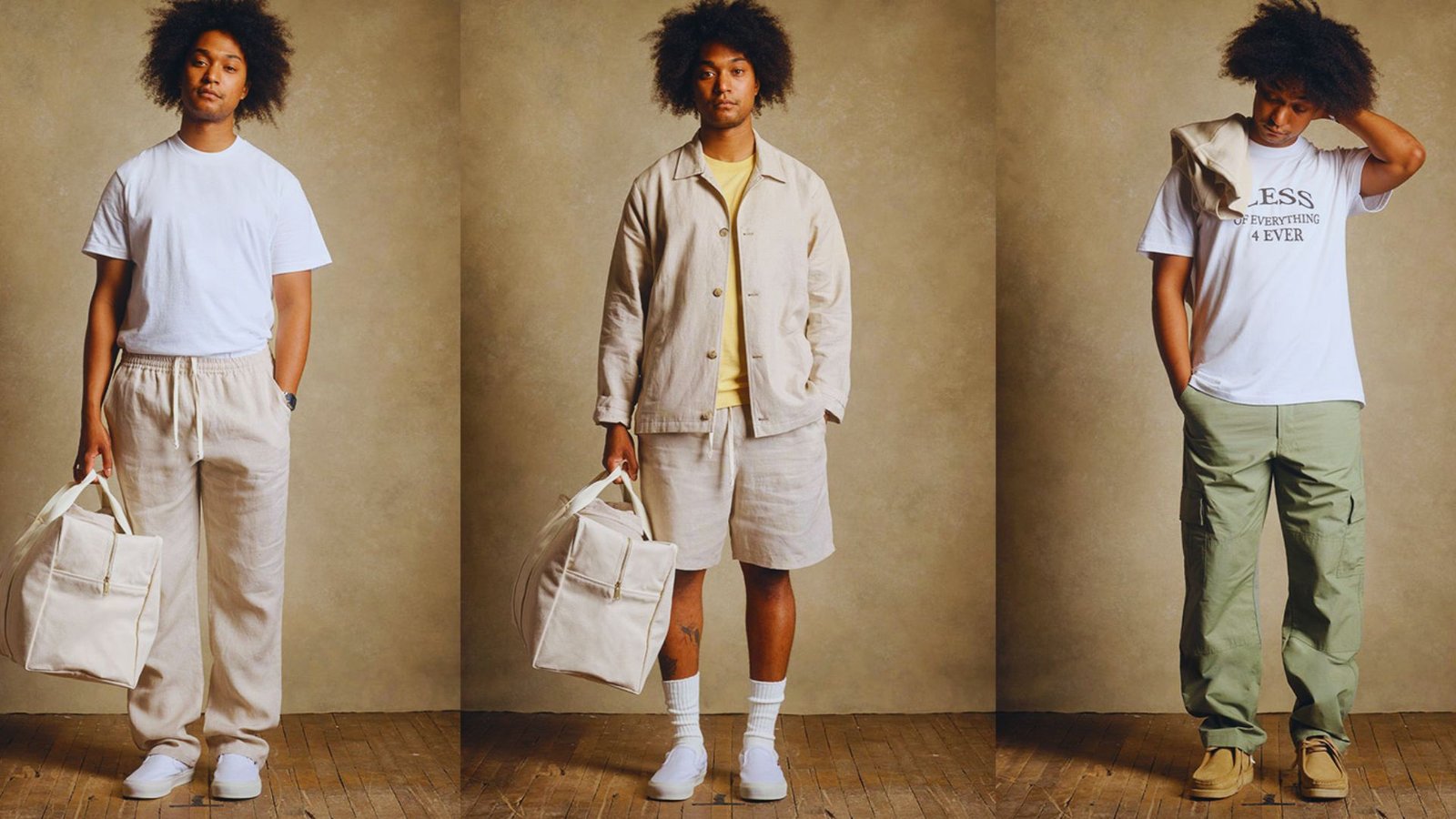 A collage of four images featuring a man in diverse clothing styles reflecting JJJJound and Minimal Streetwear Luxury.
