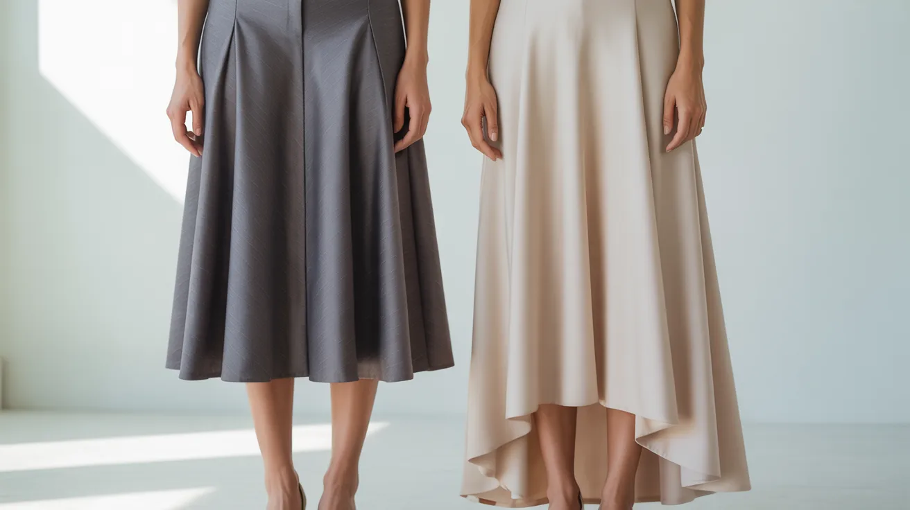 Two women in stylish skirts and heels stand together, showcasing their fashionable outfits.