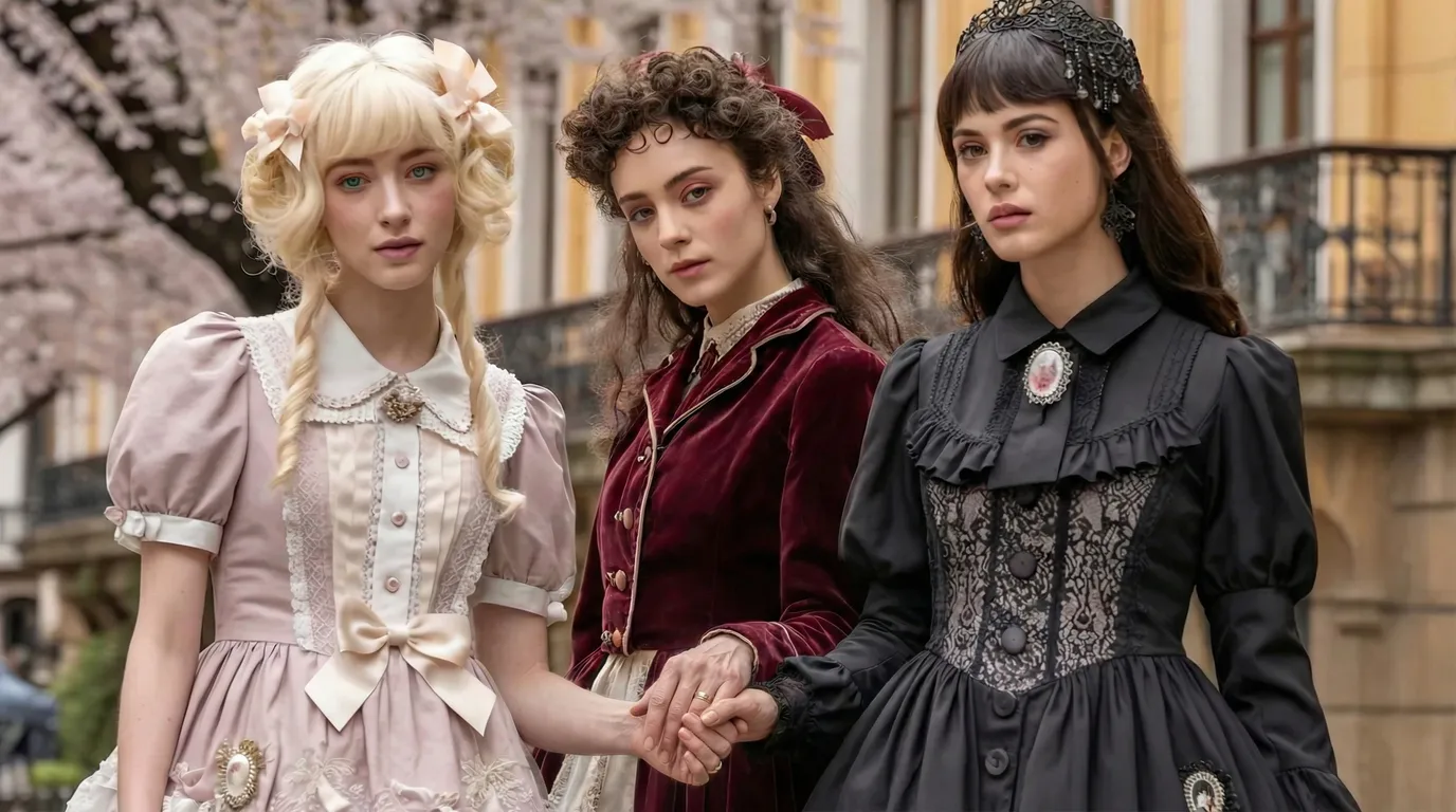 Three women in elegant gothic dresses stand together, showcasing intricate designs and a dark, atmospheric aesthetic.