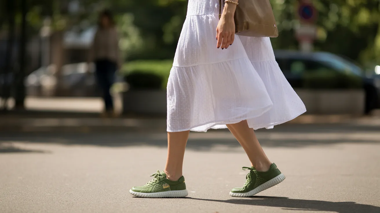 A woman wearing a white dress and green sneakers stands confidently, showcasing a casual yet stylish outfit.