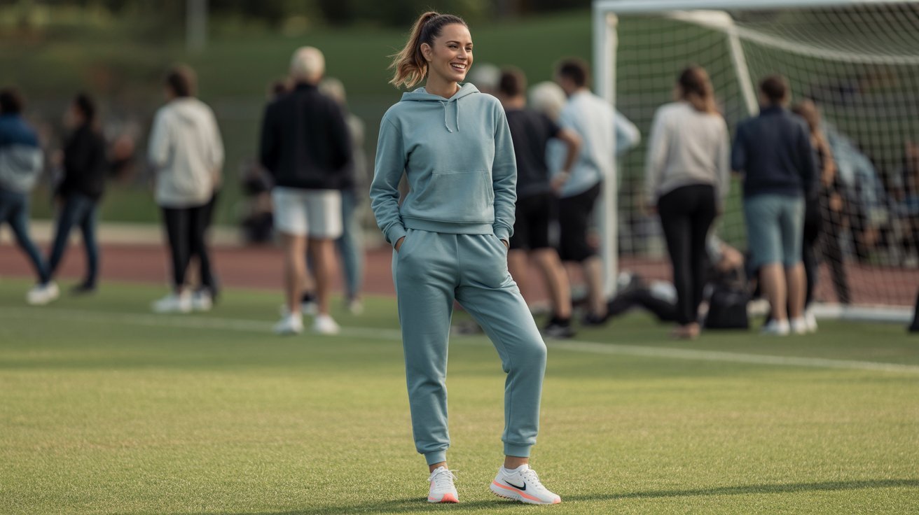 A woman in a blue tracksuit stands confidently on a soccer field, ready for practice or a game.