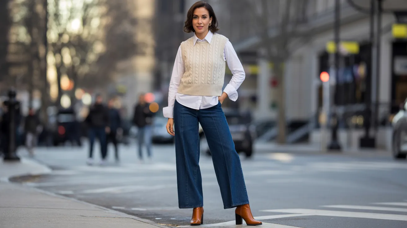 A woman wearing a white shirt and blue jeans stands on the street, looking confidently ahead.