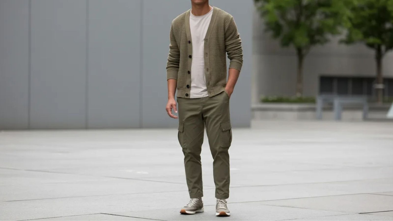 A man wearing khaki pants and a white shirt stands on a sidewalk, looking ahead with a neutral expression.