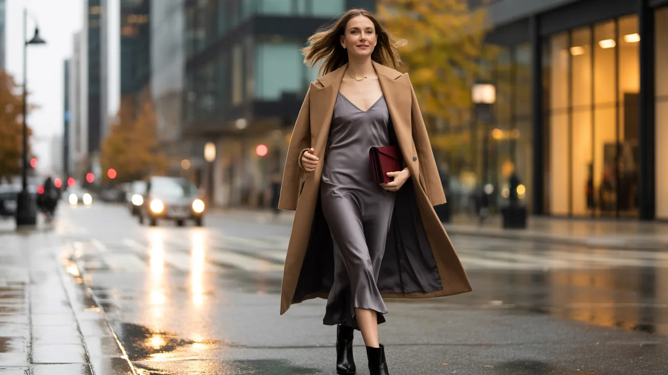 A woman in a stylish gray dress and coat walks down the street, blending into the bustling city environment.