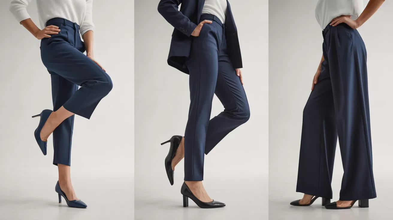  A collage of three women modeling high heels and stylish pants in different poses and settings.