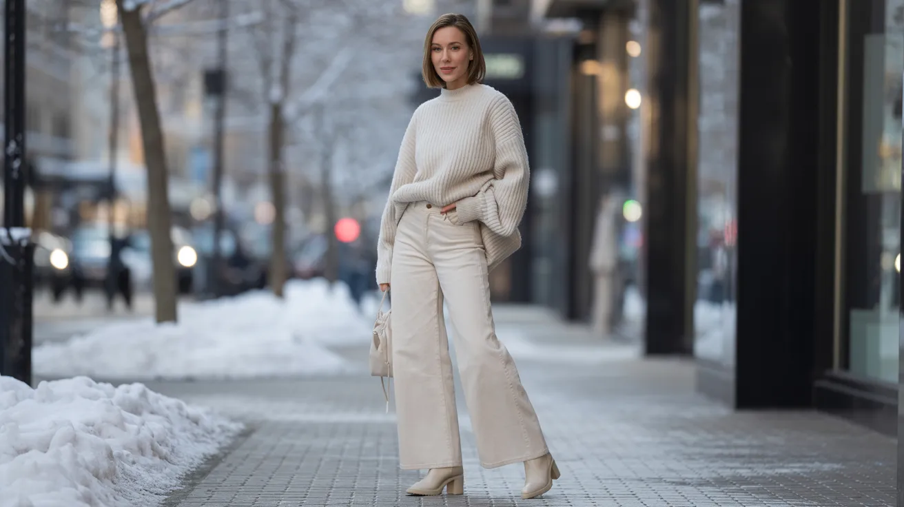 A woman wearing white pants and a sweater stands on a sidewalk, looking confidently ahead.