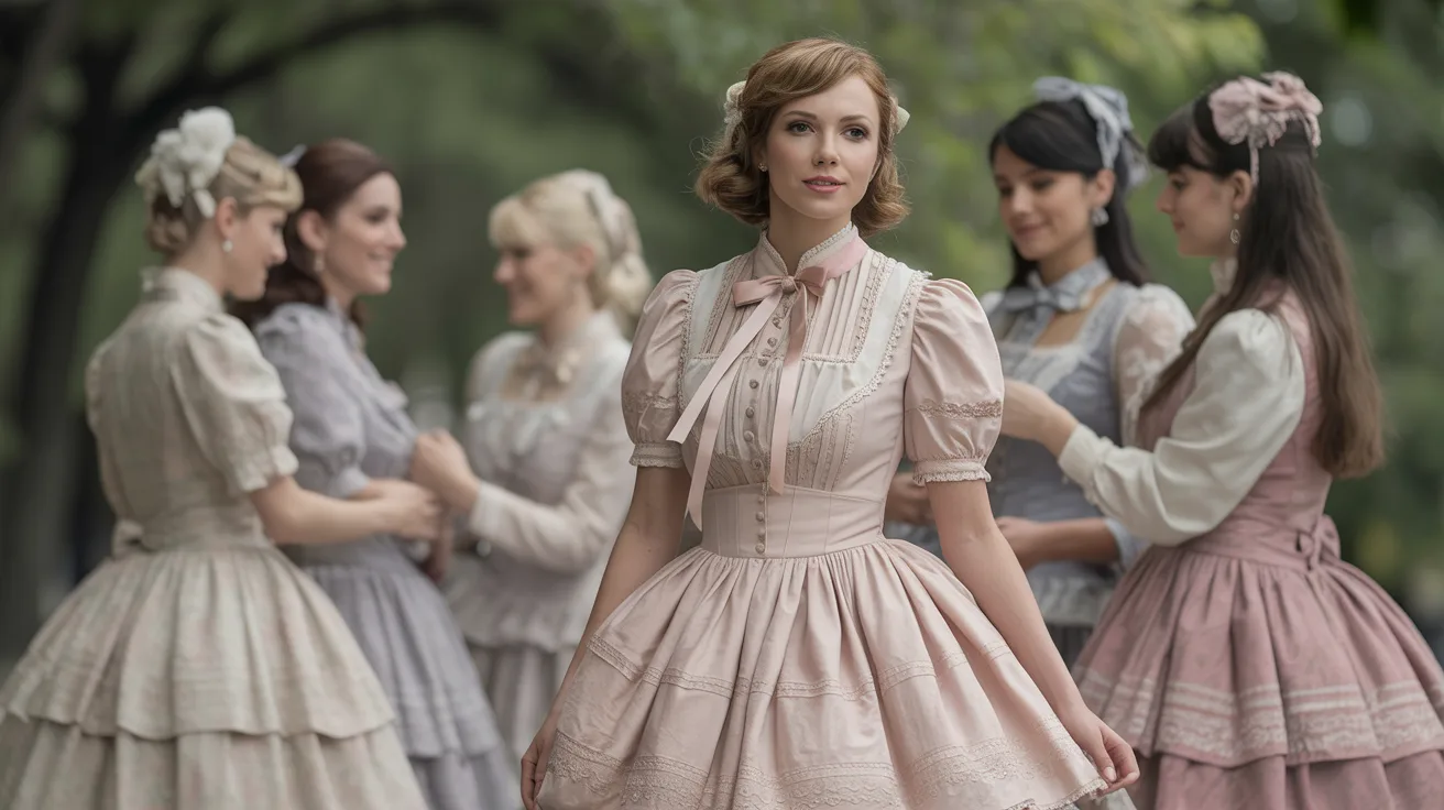 A group of women wearing colorful dresses and stylish hats, standing together in a cheerful outdoor setting.