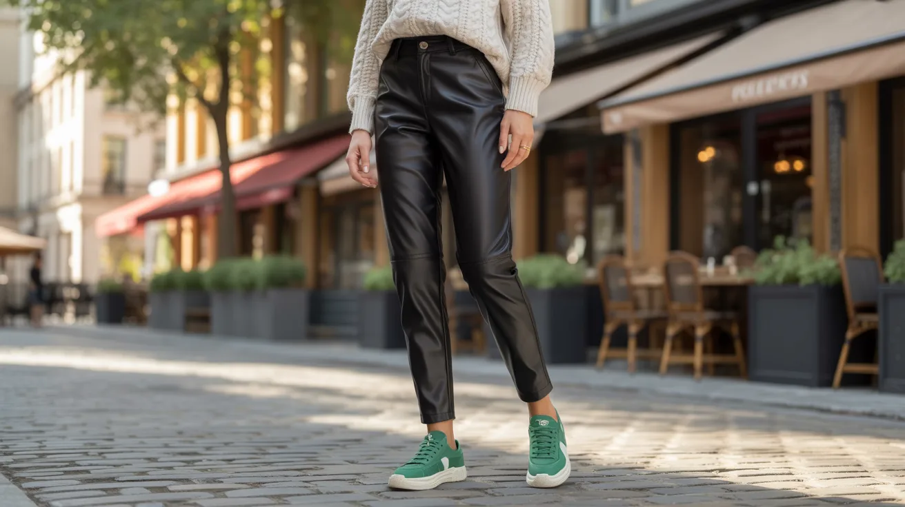 A woman in a white sweater and black leather pants stands, exemplifying a chic and modern look.