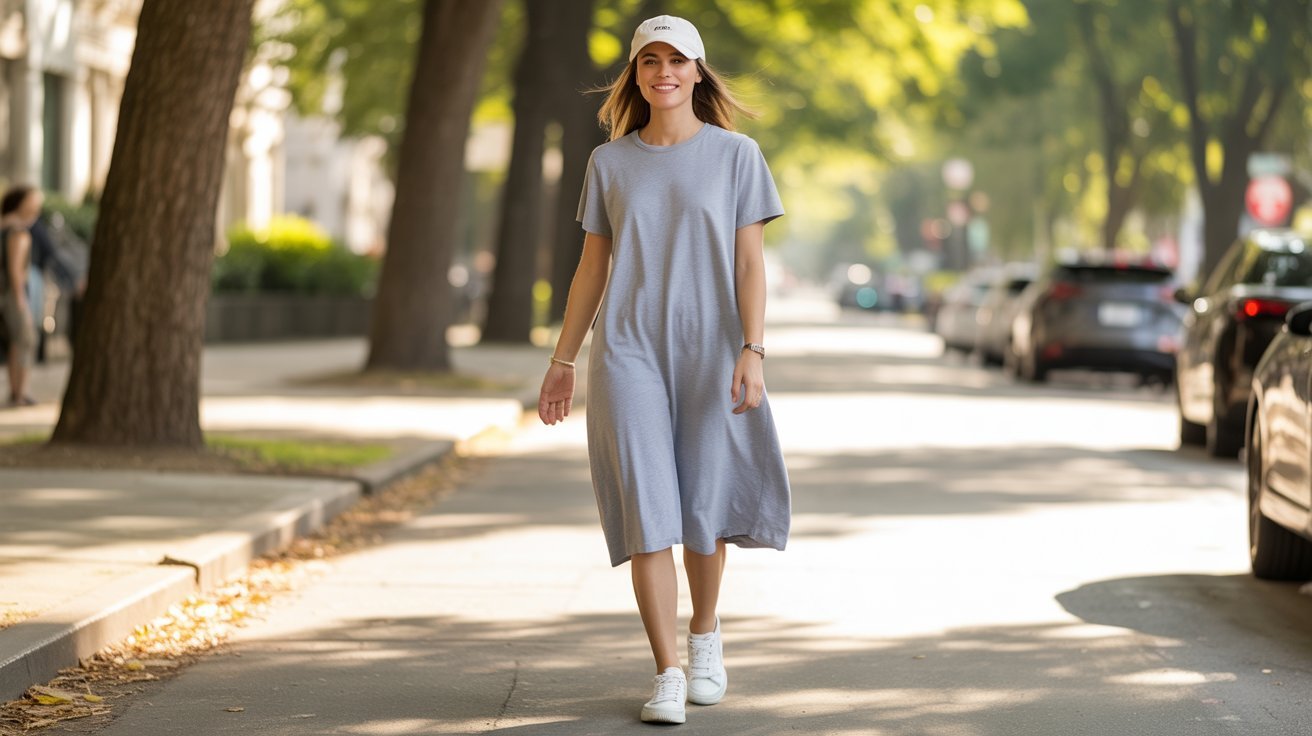Midi T-Shirt Dress + Sneakers + Baseball Cap