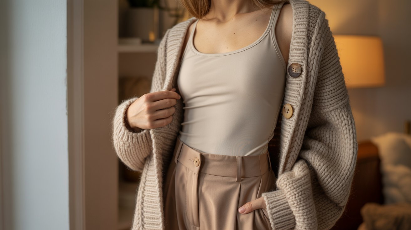 A woman wearing a beige sweater and pants stands, showcasing a casual and comfortable outfit.