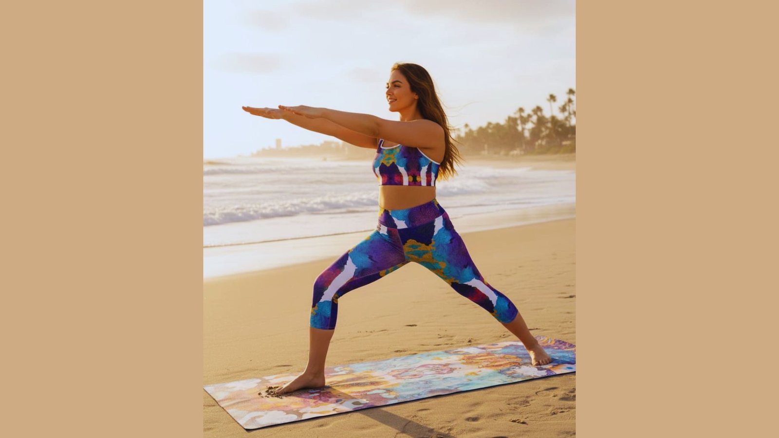 A woman wearing a colorful sports bra and leggings performs yoga on the beach, with the ocean and sky in the background.