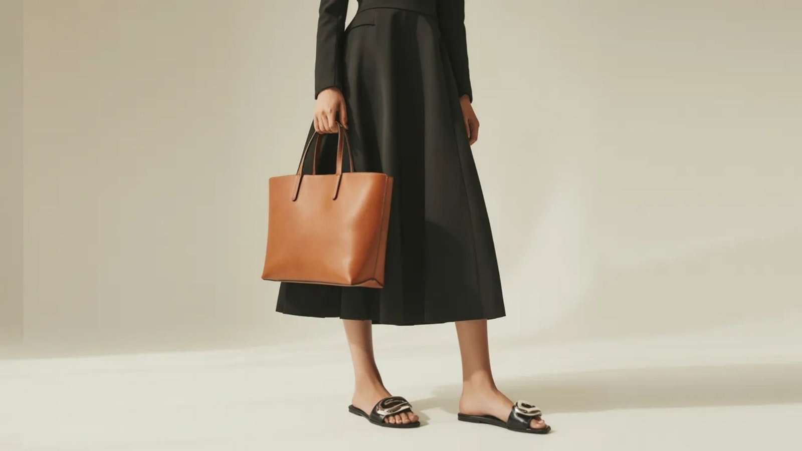 A woman wearing a black dress and sandals carries a brown bag, showcasing a stylish and casual look.