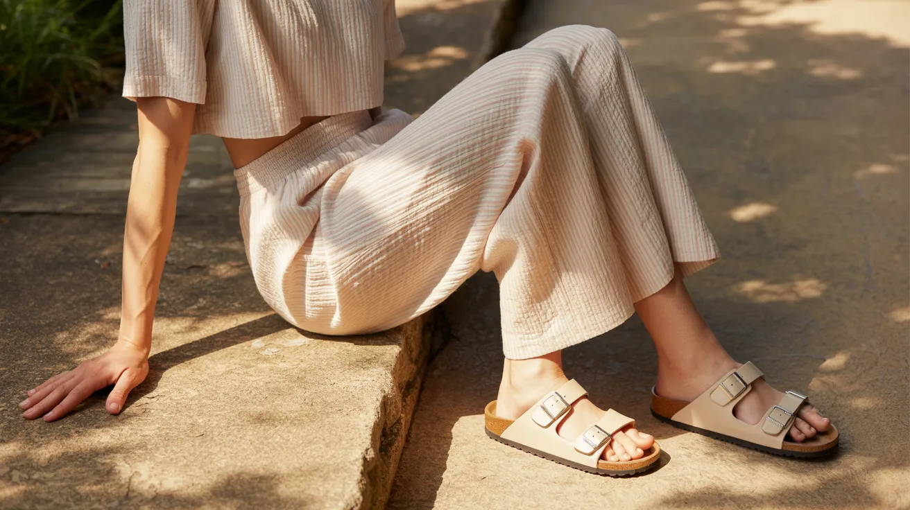  A woman wearing a beige top and wide pants sits on a curb, looking thoughtfully into the distance.