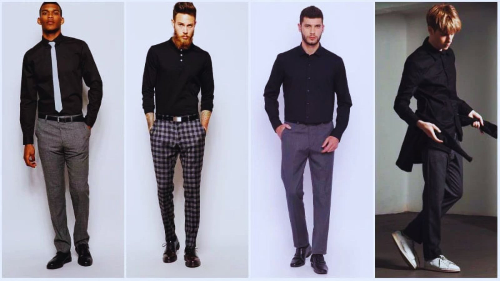 . Four images of men dressed in black shirts and pants, showcasing different styles and poses.