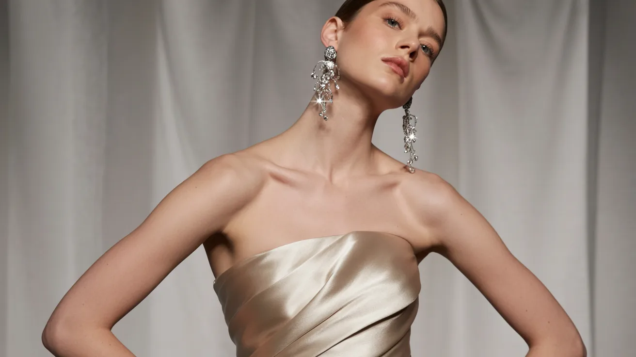  A model showcases a strapless gown adorned with a large decorative bow at the back.