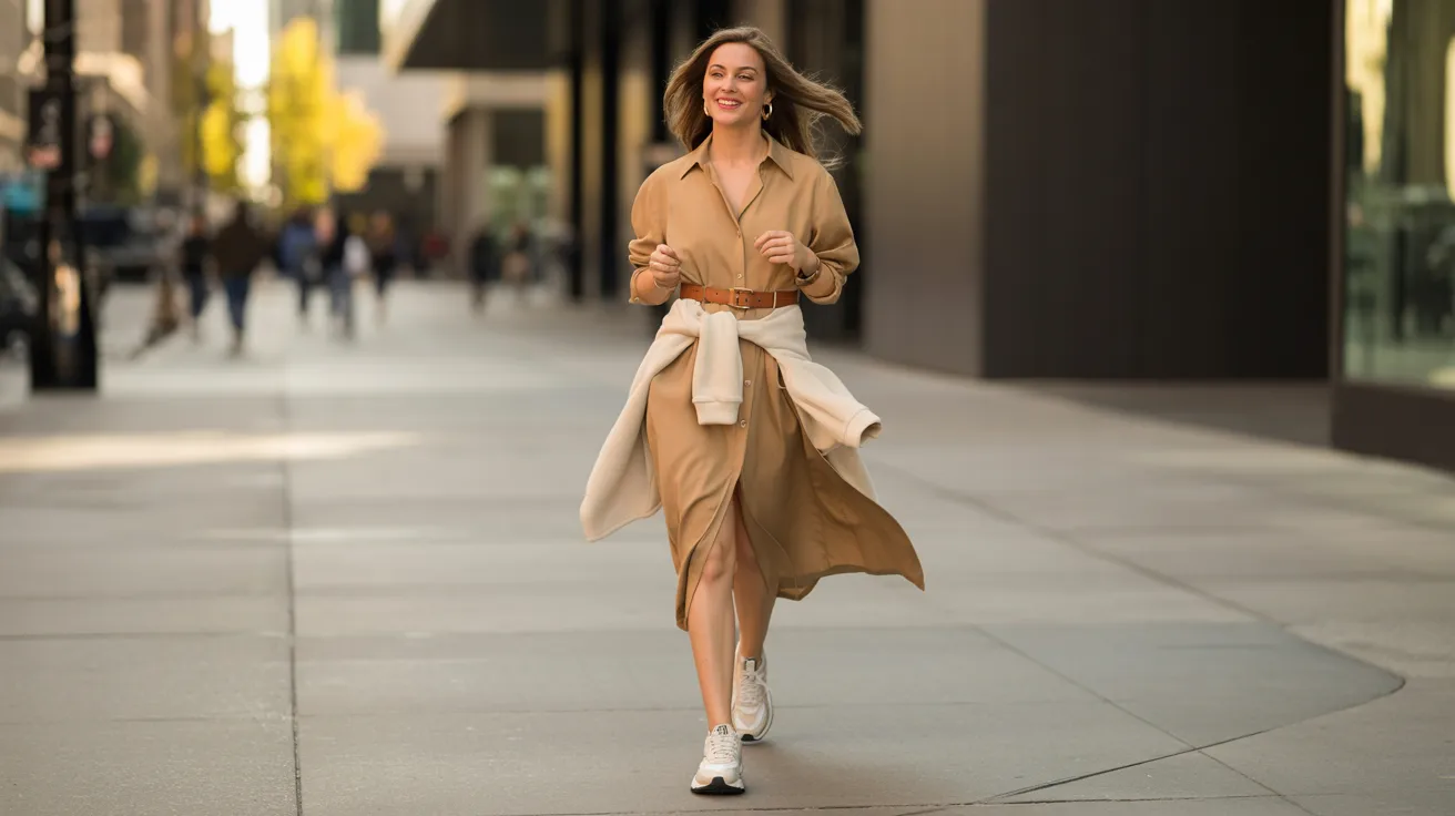 A woman in a tan dress walks down the street, surrounded by urban scenery and sunlight.