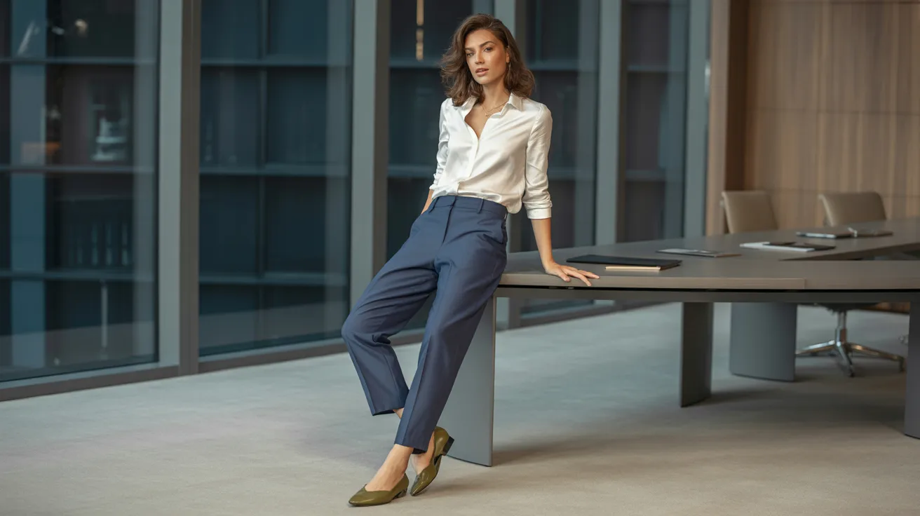  A woman in a white shirt and blue pants stands confidently in a modern office setting.
