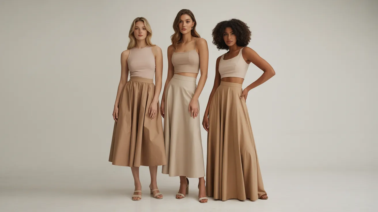  Three women in beige dresses standing together, smiling and posing for the camera in a bright outdoor setting.
