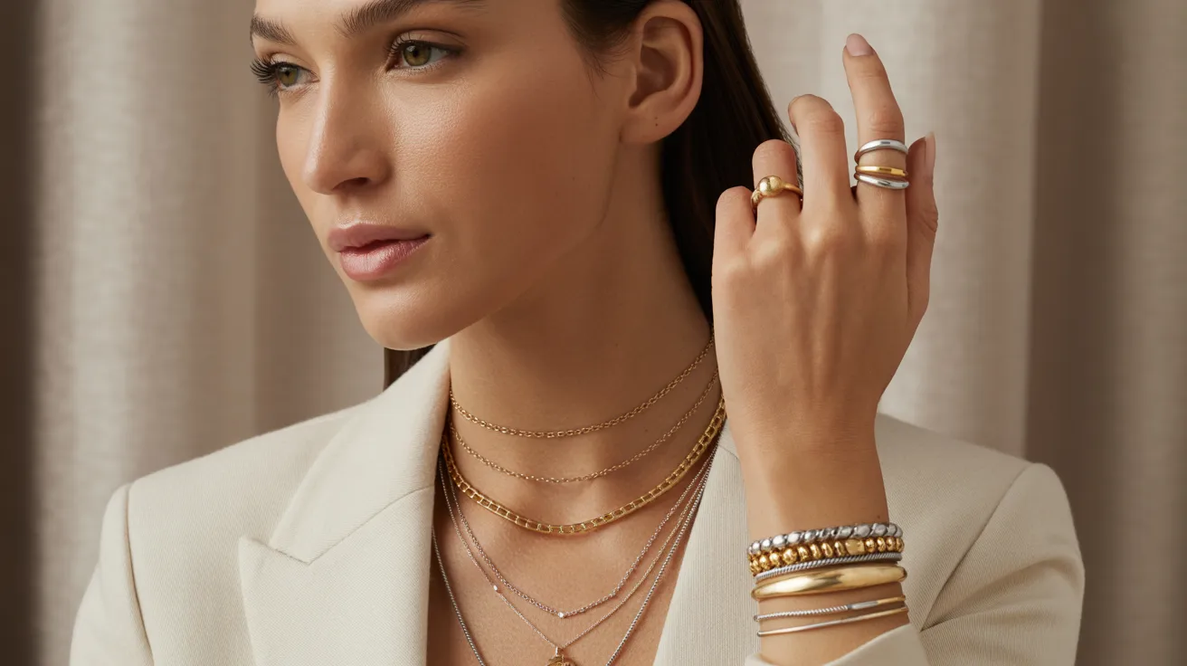 A woman in a white blazer wearing a gold ring, showcasing a professional and stylish appearance.