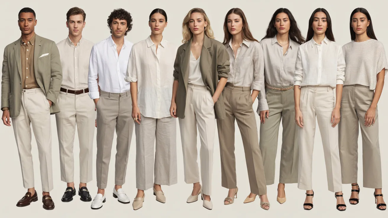 A diverse group of people wearing pants in various colors, standing together in a casual outdoor setting.