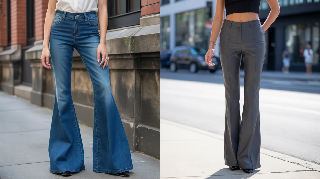 Two images of women modeling high-waisted jeans in different styles and colors, showcasing contemporary fashion trends.