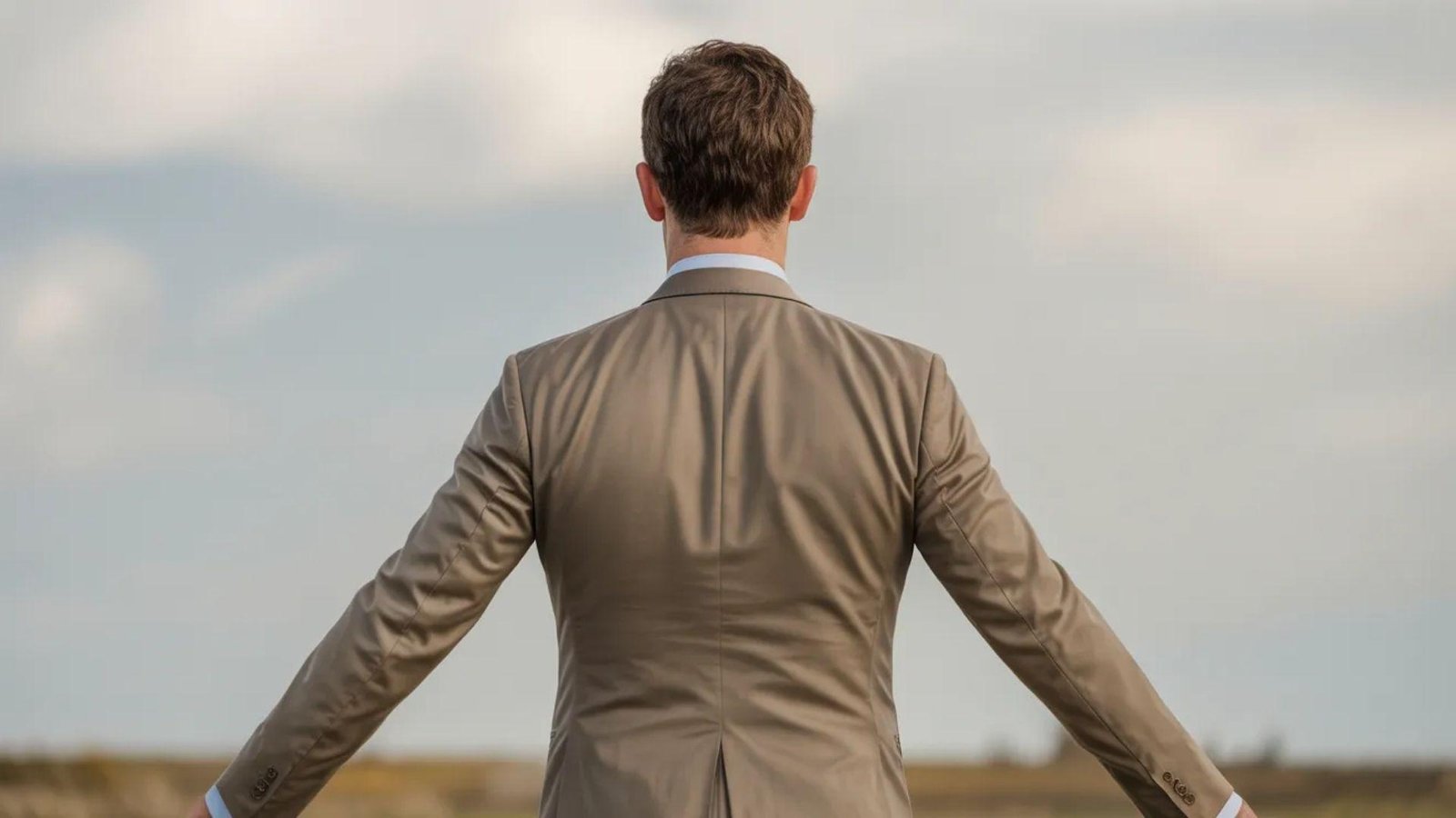 A man in a suit stands confidently in the center of a vast green field under a clear blue sky.