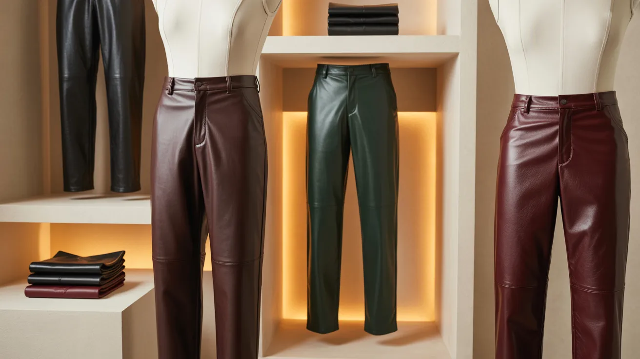 A display of stylish leather pants showcased in a well-lit room, highlighting their texture and design.