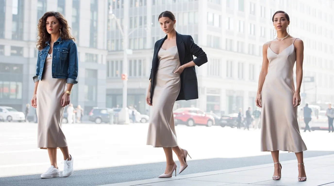 Three women stand on a city street wearing beige slip dresses. Styles vary with a denim jacket, a black blazer, and pearl necklace. Sunny, urban vibe.