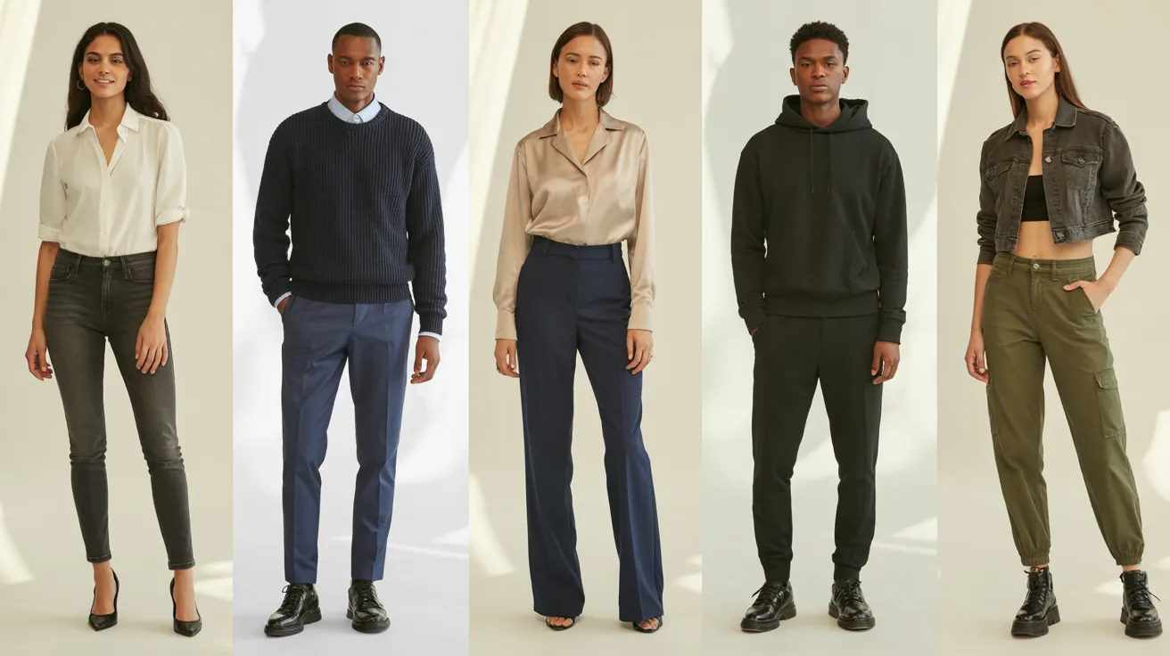 A collage showcasing various men's and women's outfits in diverse styles and colors.