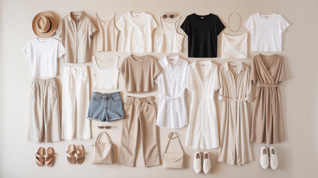 A collection of white and beige clothing items displayed together on a neutral background.