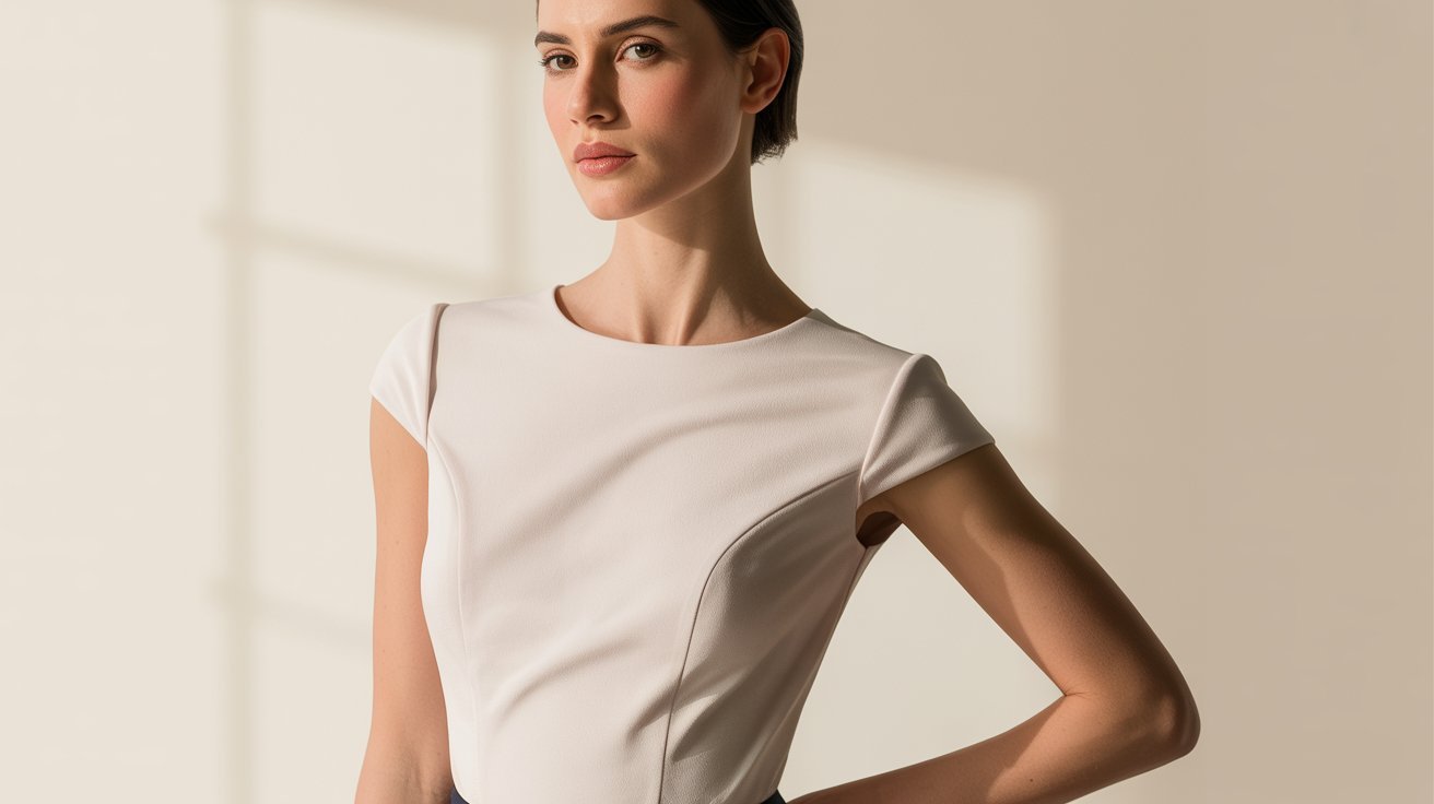 A woman wearing a white top and a black skirt stands confidently, showcasing a stylish and elegant outfit.