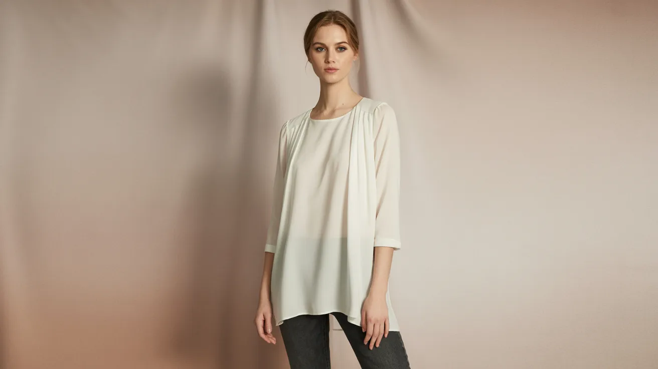 A model poses in a white top paired with black jeans, showcasing a casual yet stylish outfit.