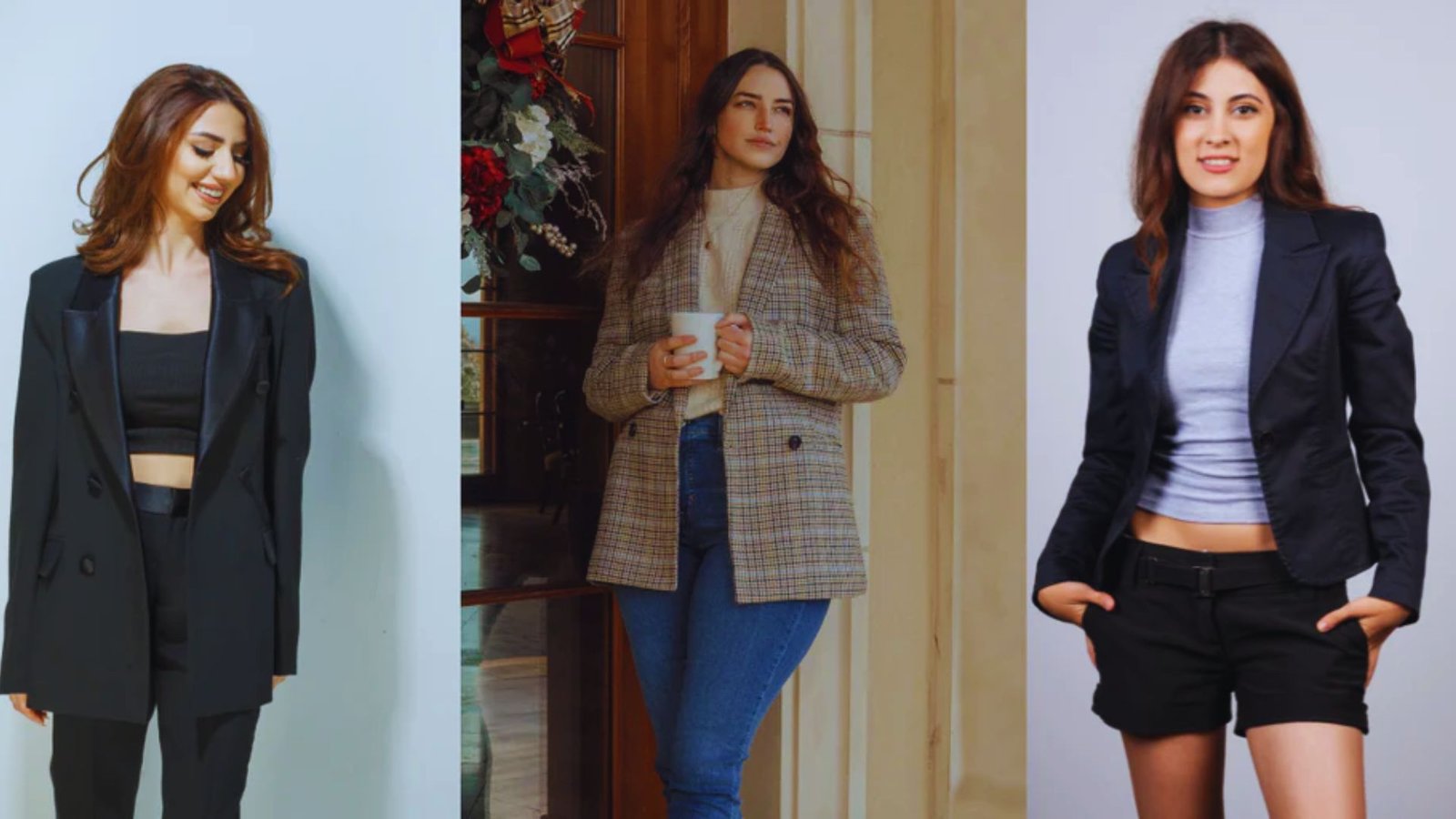 images of women showcasing various styles of blazers in different colors and patterns.