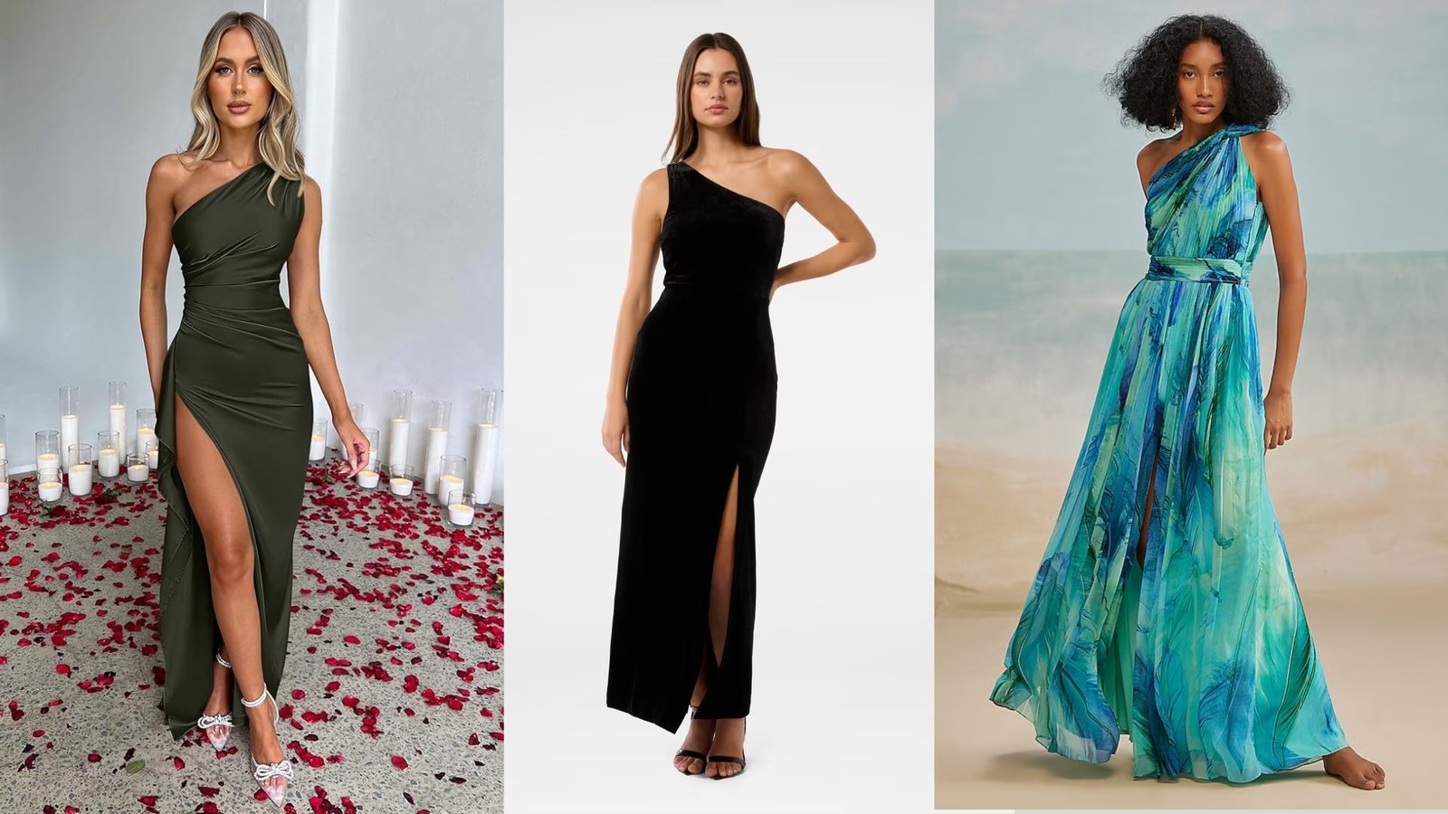 Four colorful dresses displayed in different styles, showcasing a variety of designs and hues.