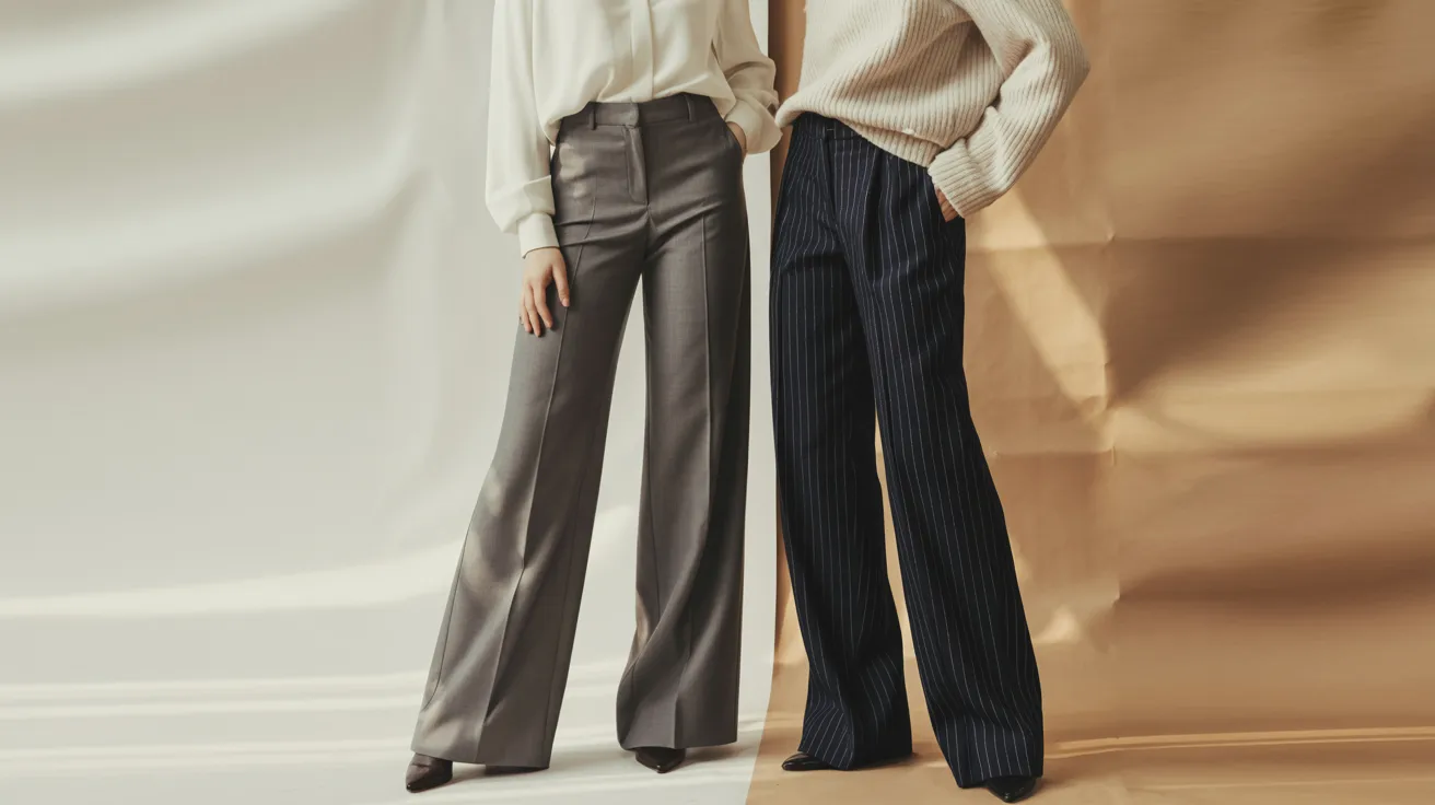 Two women wearing high-waisted pants and sweaters stand together, showcasing a stylish and casual outfit choice.