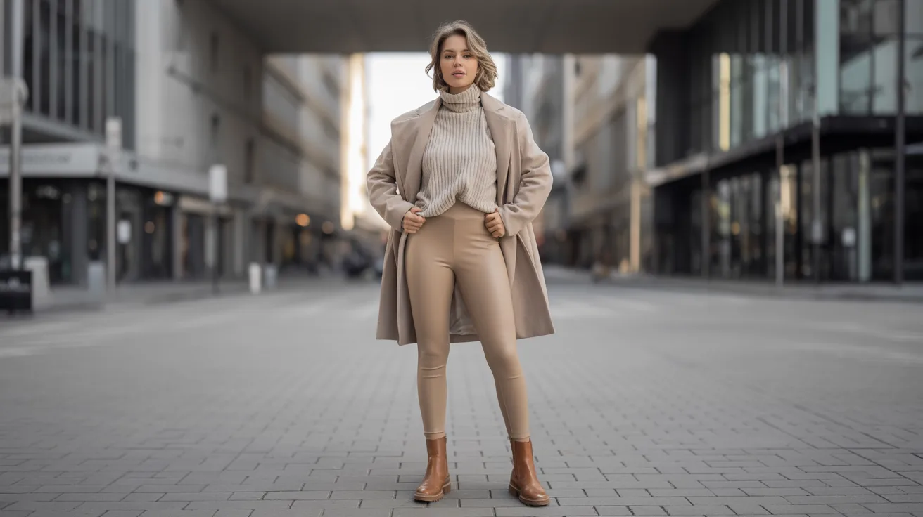 A woman in a coat and pants stands alone on an empty street, surrounded by quiet urban surroundings.