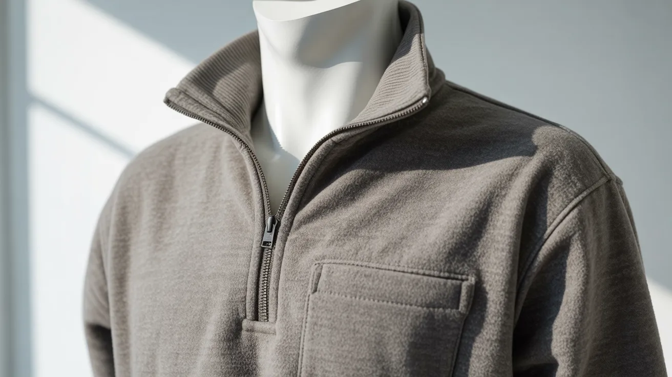 A gray sweater displayed on a mannequin, highlighting its design and texture.