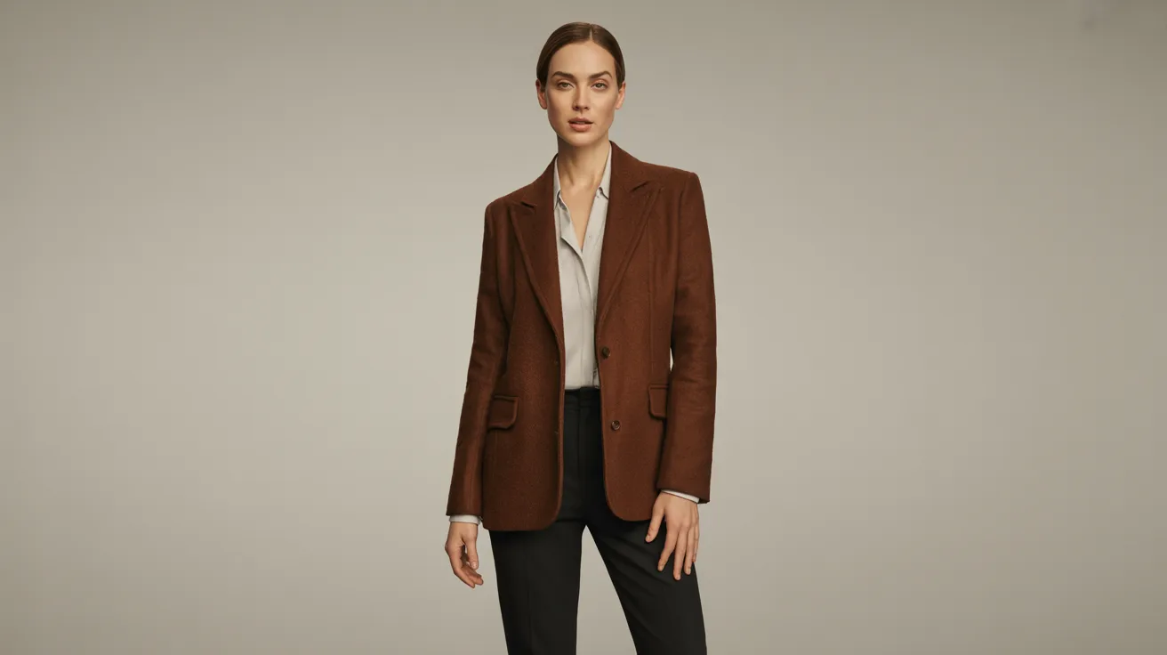 woman wearing a brown blazer and matching pants stands confidently, showcasing a professional appearance.