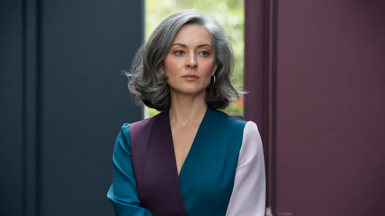 A woman with gray hair wearing a purple and blue dress stands gracefully, showcasing her elegant style.