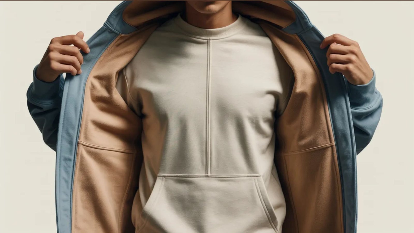 A man wearing a hoodie under a jacket stands, showcasing a casual layered outfit.