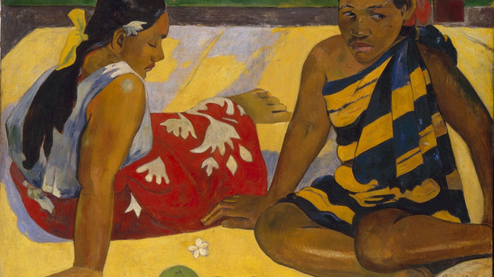 A painting depicting two individuals seated on the ground, engaged in conversation amidst a serene background.