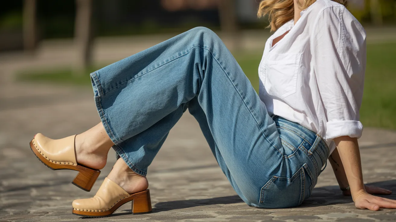 A woman sitting on the ground, elegantly dressed, wearing stylish high heels.