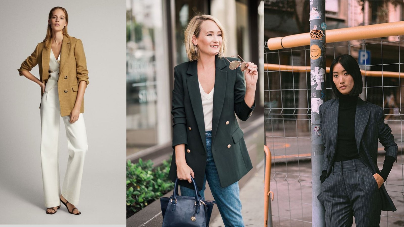 images of women showcasing various styles of blazers in different colors and patterns.
