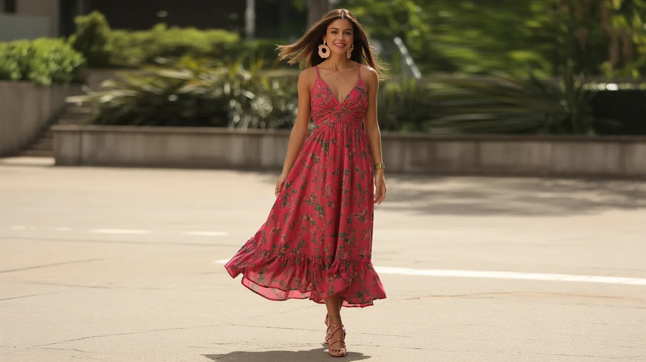 A woman in a pink floral dress strolls down the street, surrounded by urban scenery.
