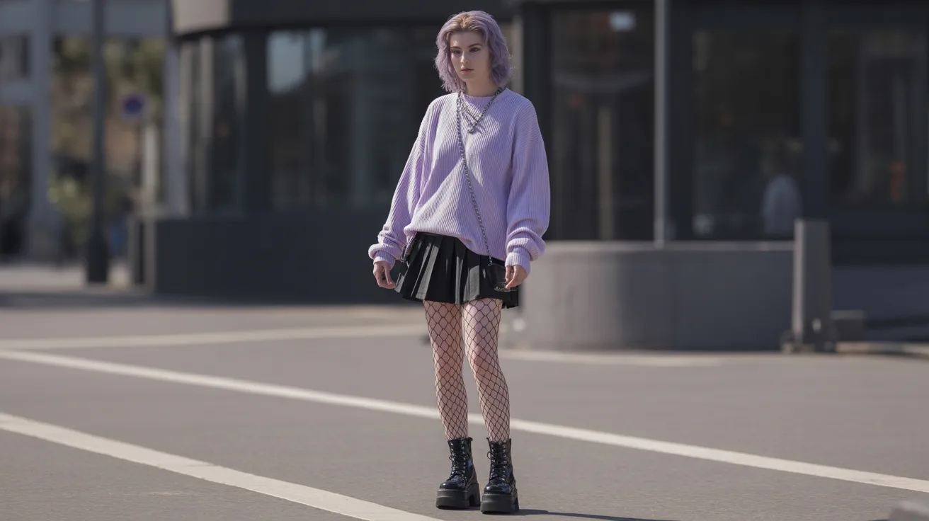 A woman in a purple sweater and black skirt stands on a street, looking confidently at the camera.
